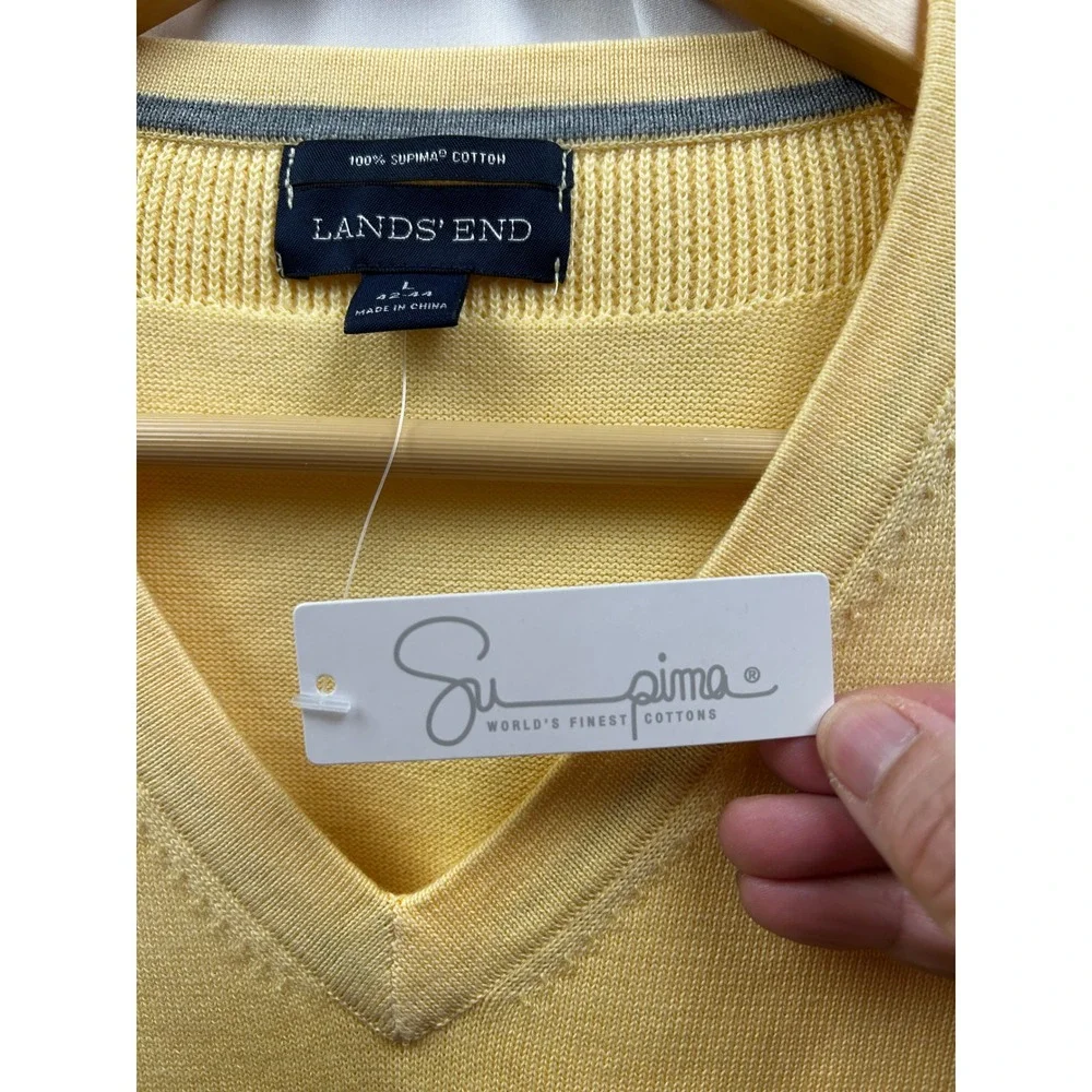 Lands' End 100%‎ Supima Cotton V-Neck Sweater Mens Large Soft Yellow Classic NWT
